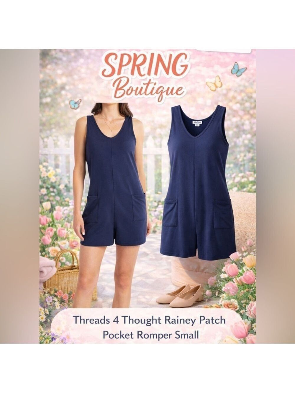 Threads 4 Thought Rainey Patch Pocket Romper Navy Small - Picture 6 of 11